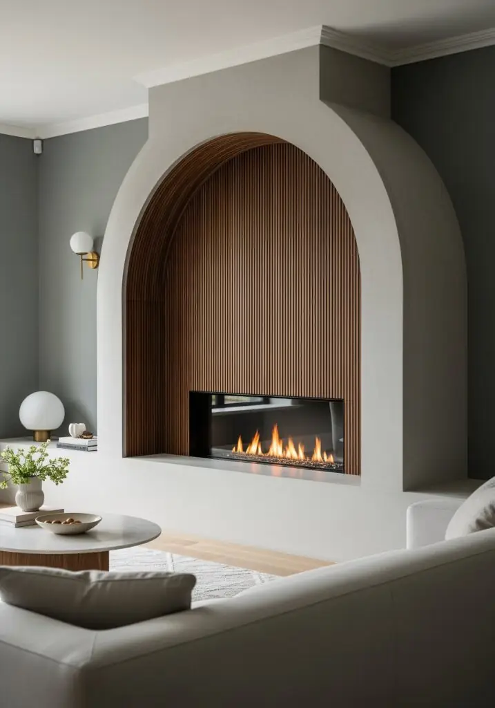 Cheminée à gaz intégrée dans une arche arrondie en béton, avec des panneaux en bois de noyer finement nervuré à l'intérieur de l'arche pour un contraste de textures.