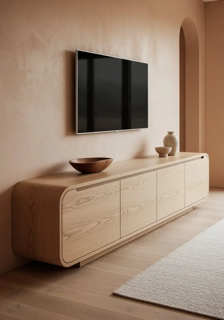 Salon minimaliste avec un meuble TV arrondi en chêne clair sous un téléviseur à écran plat fixé au mur, agrémenté d'un bol en bois et de vases en céramique, de murs aux textures chaleureuses et d'un parquet clair.