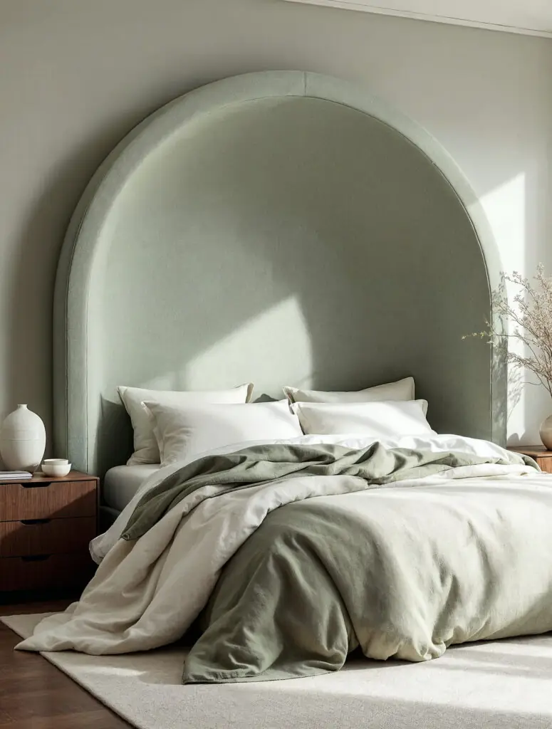 Chambre minimaliste baignée de soleil avec une grande tête de lit cintrée capitonnée vert sauge, du linge de lit en lin crème et vert pâle superposé, des oreillers blancs, des tables de chevet en noyer foncé, un vase en céramique et des fleurs séchées.