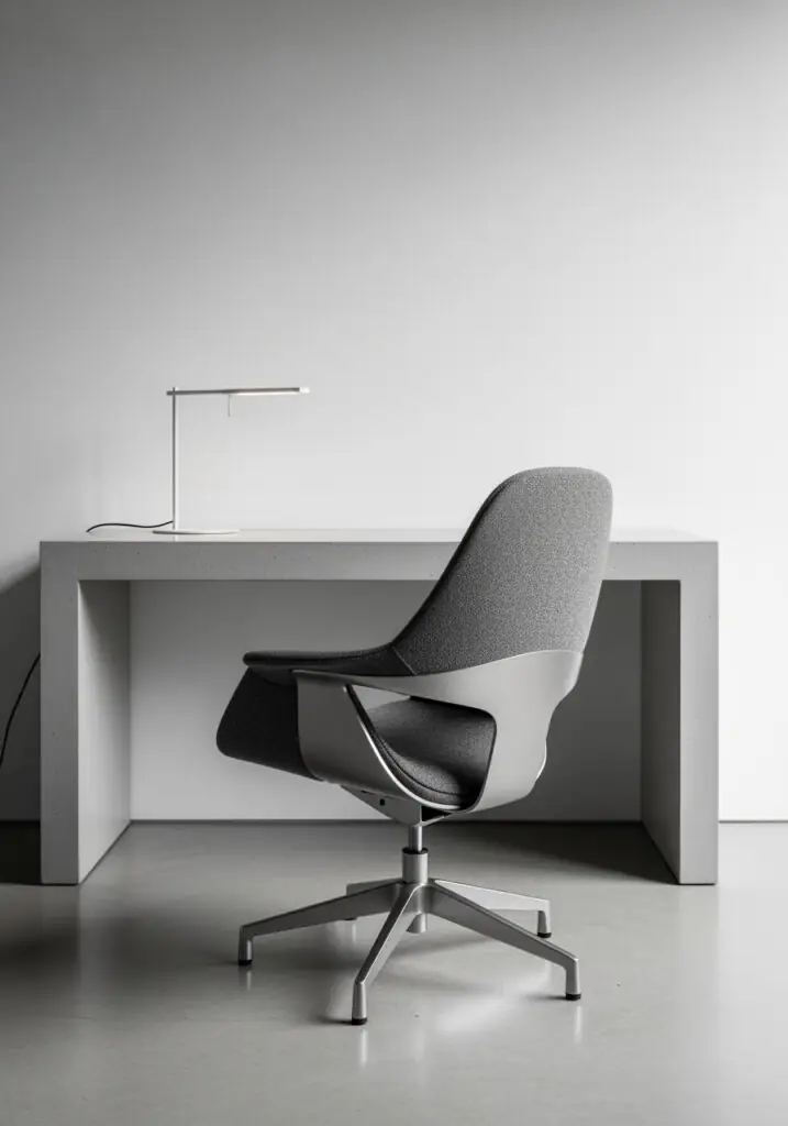 Espace de travail minimaliste avec une chaise de bureau pivotante grise texturée devant un bureau rectangulaire en béton, éclairé par une lampe de bureau blanche et fine sur un mur blanc uni.
