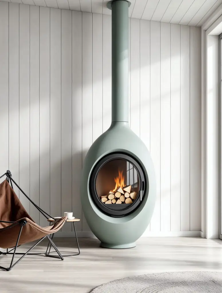 Poêle à bois moderne sur pied, avec un corps lisse et elliptique et une base assortie, finition gris tourterelle mat.