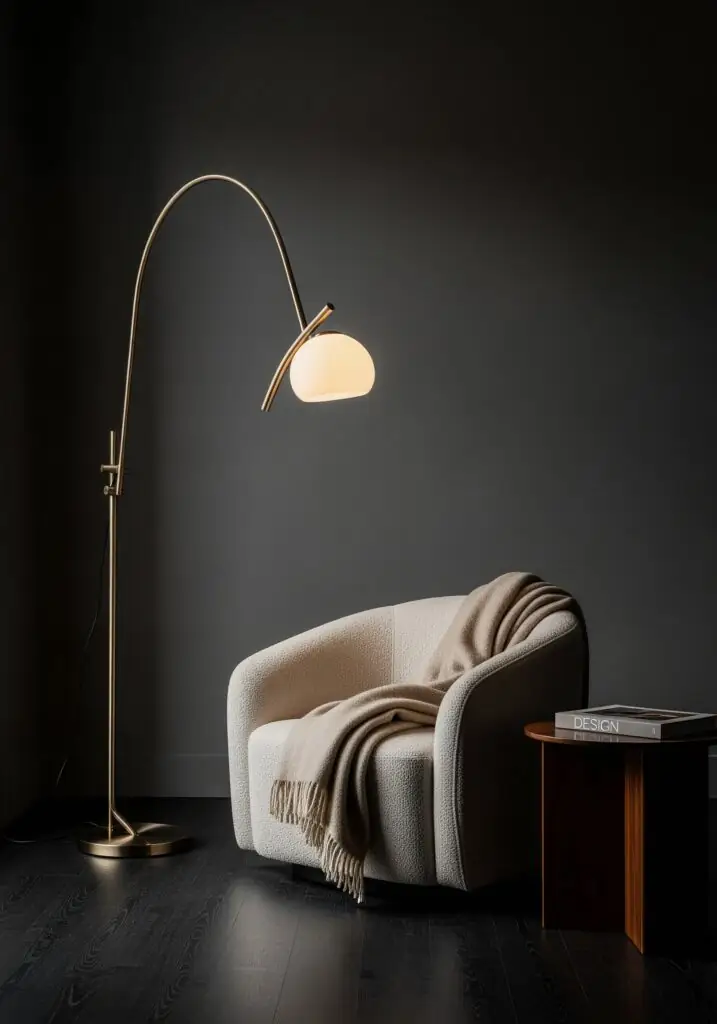 Un fauteuil confortable en bouclé aux tons neutres, recouvert d'un jeté beige, est placé à côté d'un lampadaire incurvé en laiton et d'une petite table d'appoint en bois sur laquelle repose un livre de design, le tout devant un mur sombre et un parquet noir.