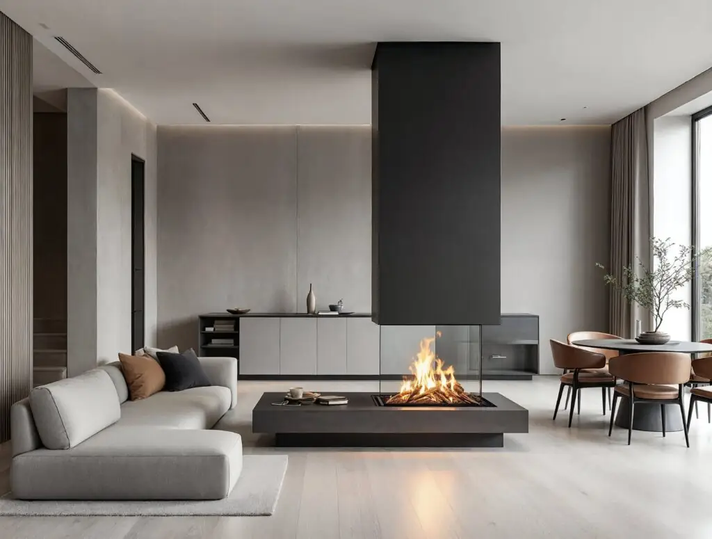 Cheminée à gaz double face intégrée à une fine cloison en acier noir séparant un espace salon et une salle à manger.