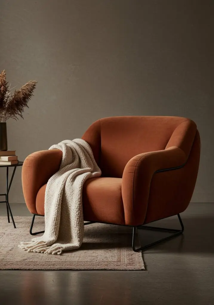 Scène d'intérieur chaleureuse mettant en scène un fauteuil arrondi en velours terre cuite sur des pieds en métal noir, recouvert d'un jeté en grosse maille crème, placé sur un tapis à motifs à côté d'une petite table d'appoint avec des livres et de l'herbe de la pampa séchée.