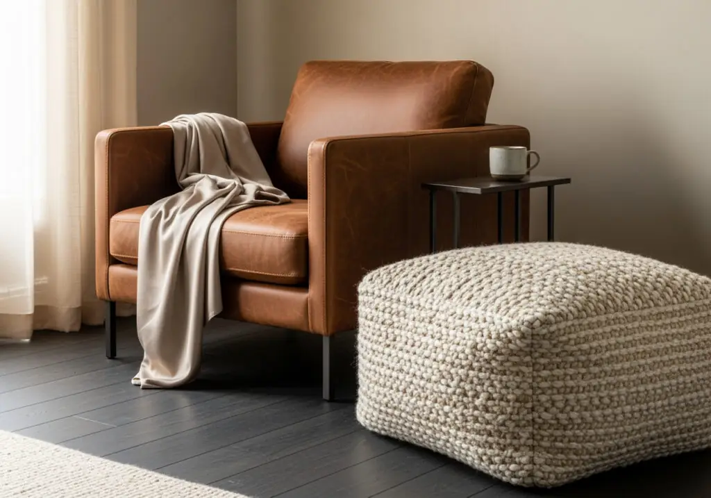 Un coin salon cosy avec un fauteuil en cuir cognac recouvert d'un plaid beige doux, un pouf en grosse maille crème au premier plan, une fine table d'appoint en métal noir supportant une tasse en céramique, et des rideaux transparents filtrant une lumière chaude sur un parquet foncé.