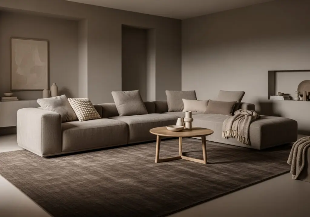 Salon spacieux aux tons neutres et chauds, avec un grand canapé d'angle beige en forme de L agrémenté de coussins texturés et d'un jeté en tricot, une table basse ronde en bois clair avec des vases en céramique et un tapis marron clair devant un mur sculpté sobre.