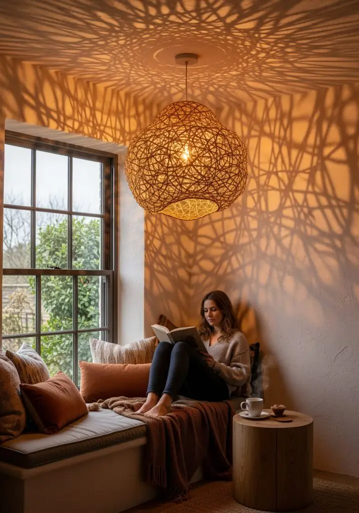 Un grand luminaire suspendu en rotin tressé à la main, de forme irrégulière, projette des ombres mouchetées et ultra-chaudes sur un coin lecture confortable près de la fenêtre, agrémenté de coussins moelleux et d'un mur en terre cuite texturée.