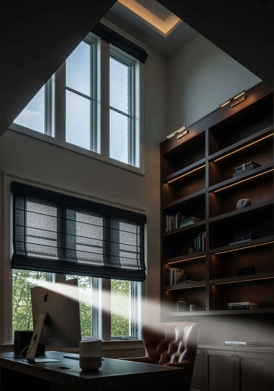 A dramatic, high-ceiling home office with a dark wood built-in bookshelf. Two windows are present: a lower one with a motorized dark blue Roman shade providing task-level shade, and an upper high window (difficult to reach) with a corresponding automated shade at the top.