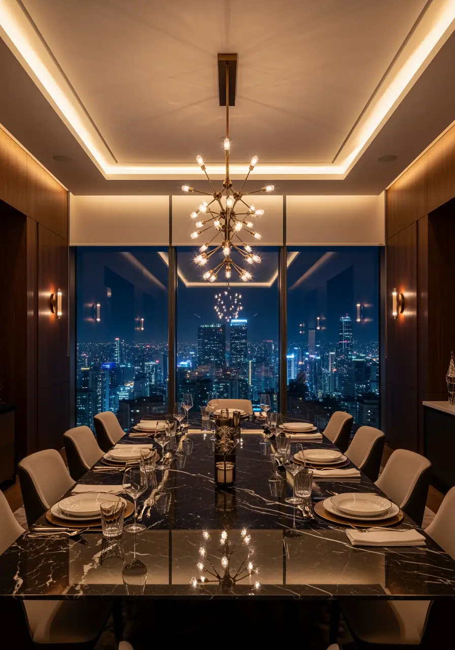 A sophisticated high-rise dining room at night, featuring a long marble table and a stunning city skyline view through large windows. Automated shades are subtly integrated into the ceiling, emphasizing a clean, uninterrupted architectural line, ideal for convenience in tall windows.