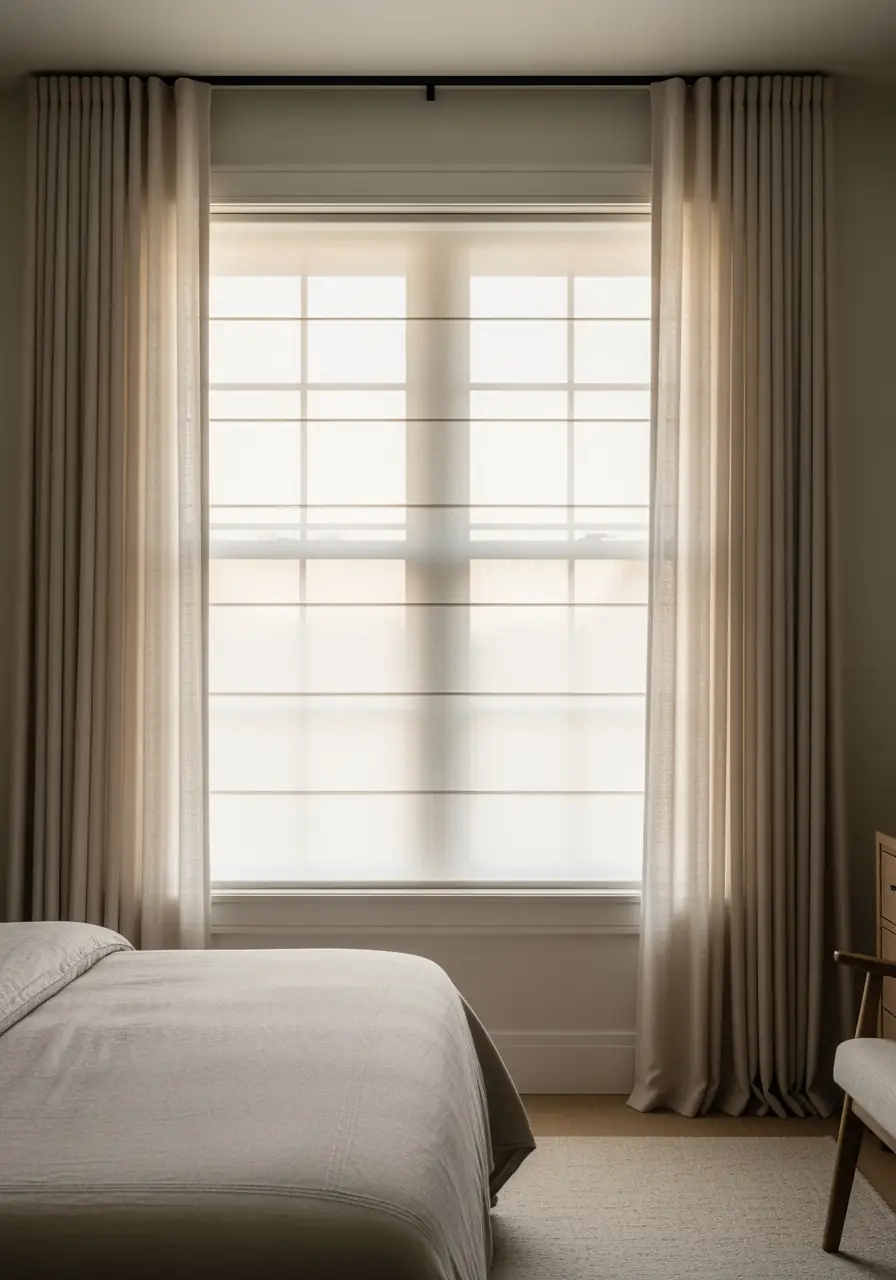 A cozy bedroom setup showcasing the layering trend: a sheer Roman shade is mounted inside the window frame, and floor-to-ceiling pleated drapery panels in a soft, light neutral hang on the outside, providing maximum light control and a luxurious, tailored look.