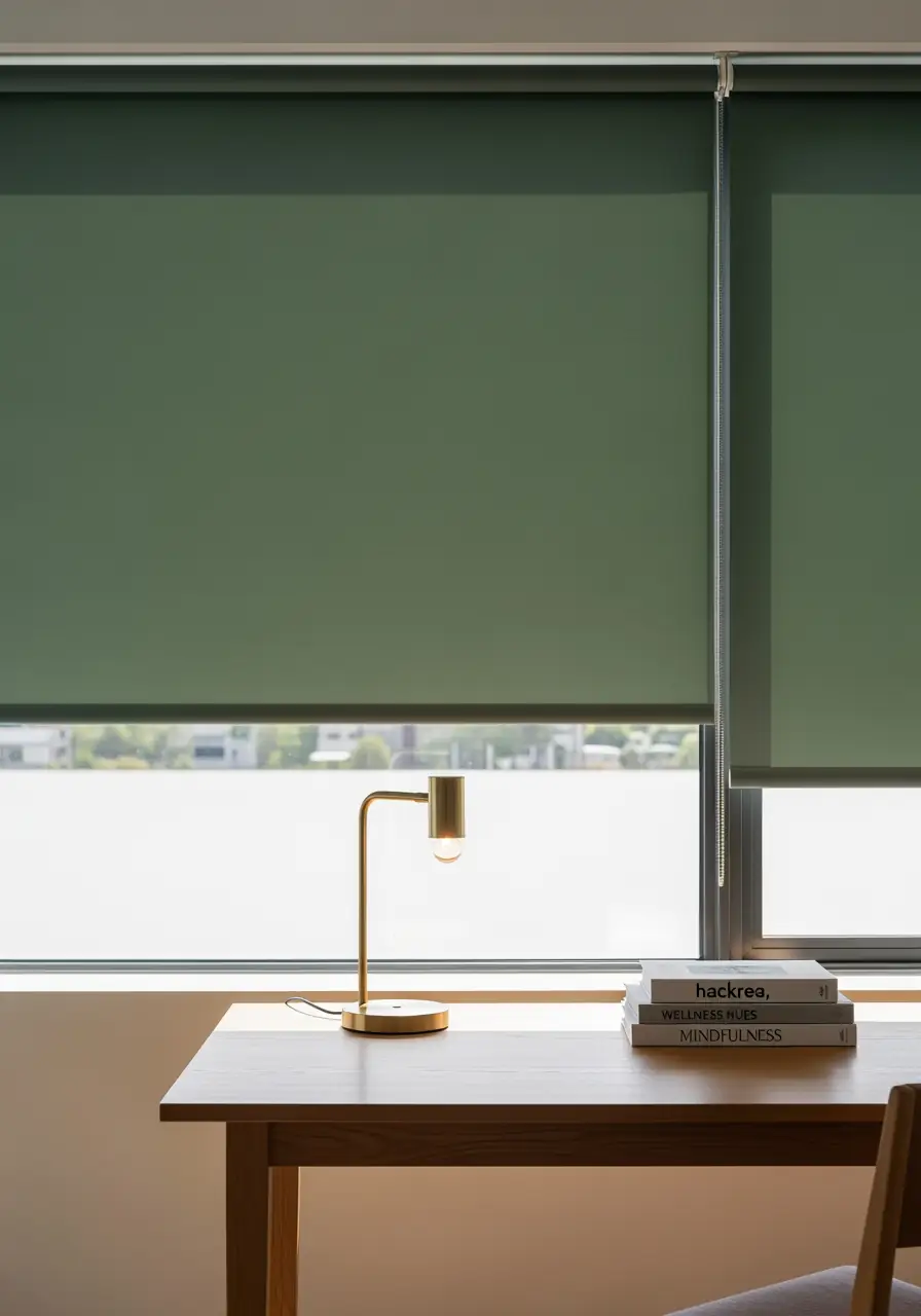 A modern home office with a low desk, showcasing a window covered by dual roller blinds in a muted, calming sage green. The color represents the wellness trend, providing privacy and light control while keeping the view of the outdoors at the bottom.