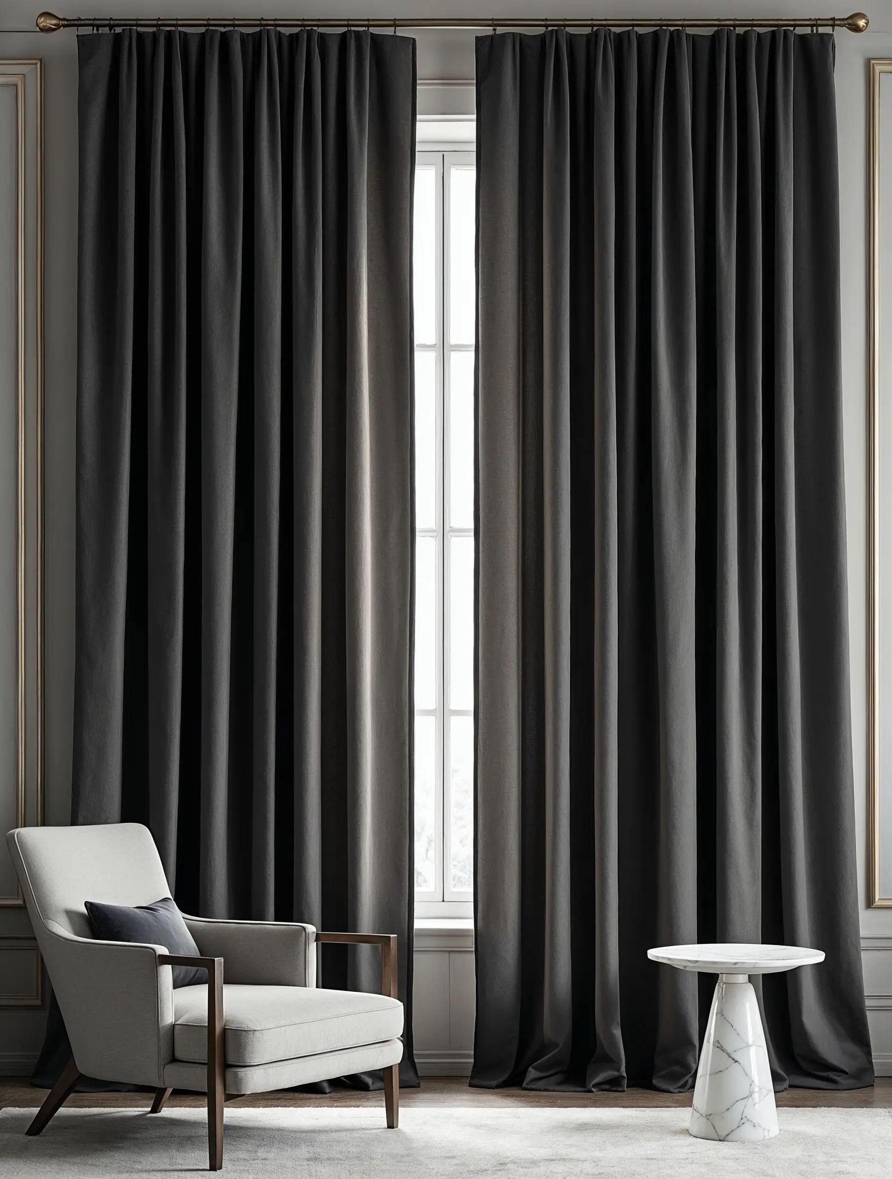 An elegant interior with classic wall molding, featuring floor-to-ceiling charcoal gray curtains with precise pleats, hung on a simple brass rod. A light armchair and marble side table contrast with the deep color of the drapes, showcasing a refined, tailored aesthetic.