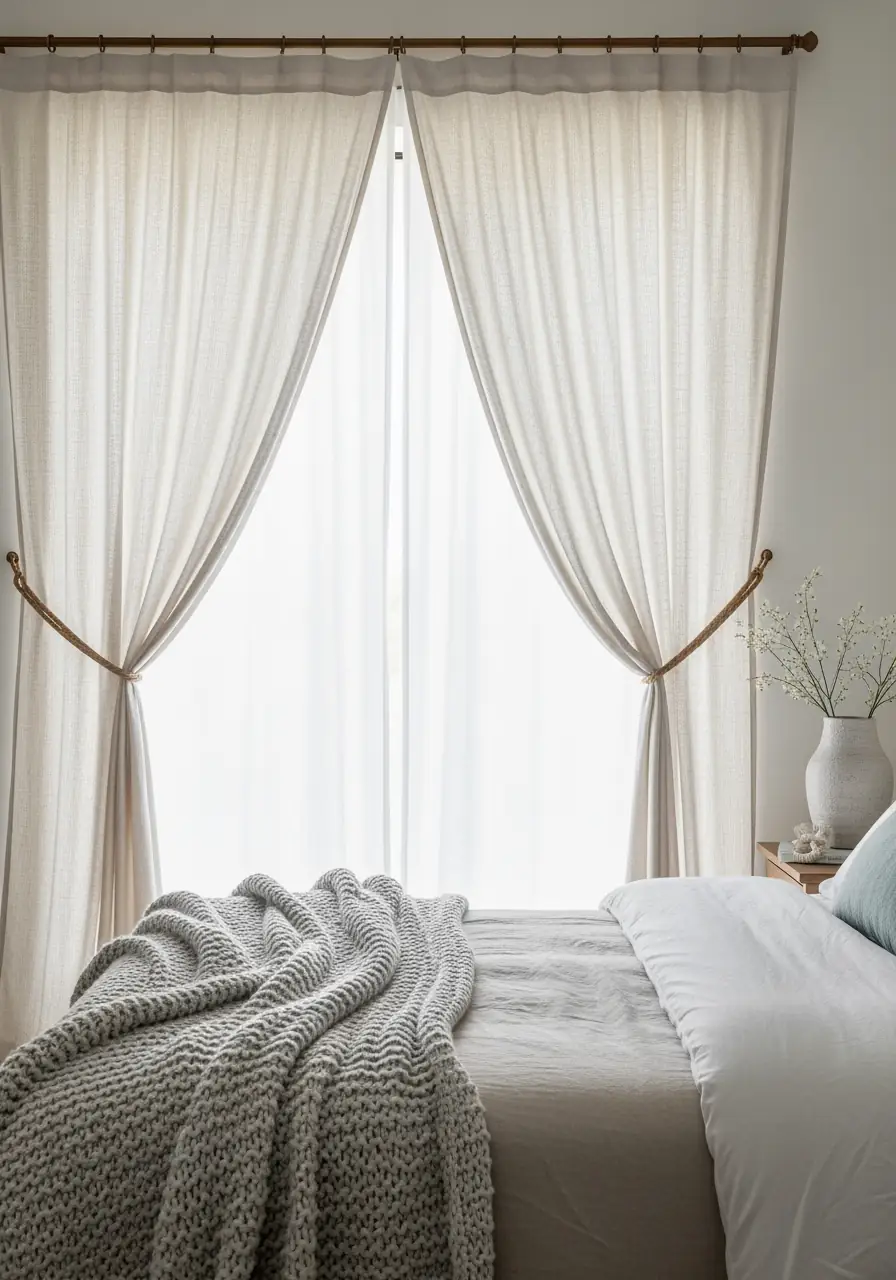 A serene bedroom featuring soft, light-colored linen curtains tied back from a large window, revealing a bright outdoor view. A neatly made bed with a textured throw blanket in warm gray and white bedding creates an inviting and tranquil atmosphere.