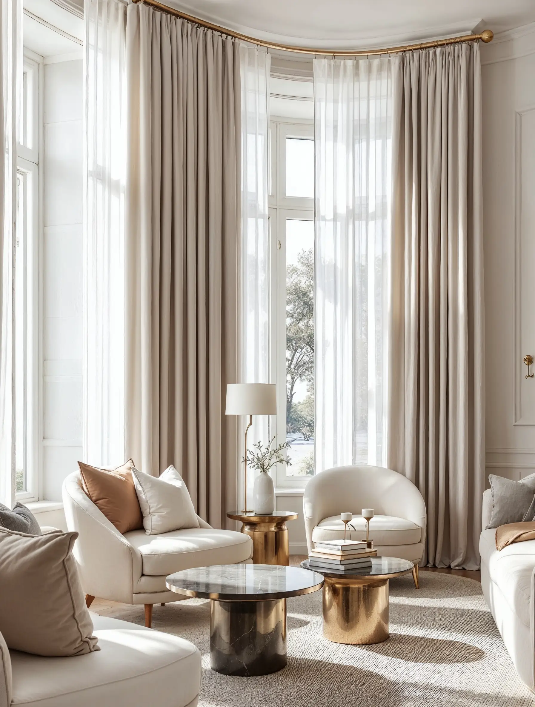 A sunlit living room featuring a bay window with layered, pleated curtains—sheer inner panels and solid beige outer panels—mounted high on a custom, curved brass rod, highlighting both the layering trend and the use of prominent metallic hardware in complex window architecture.