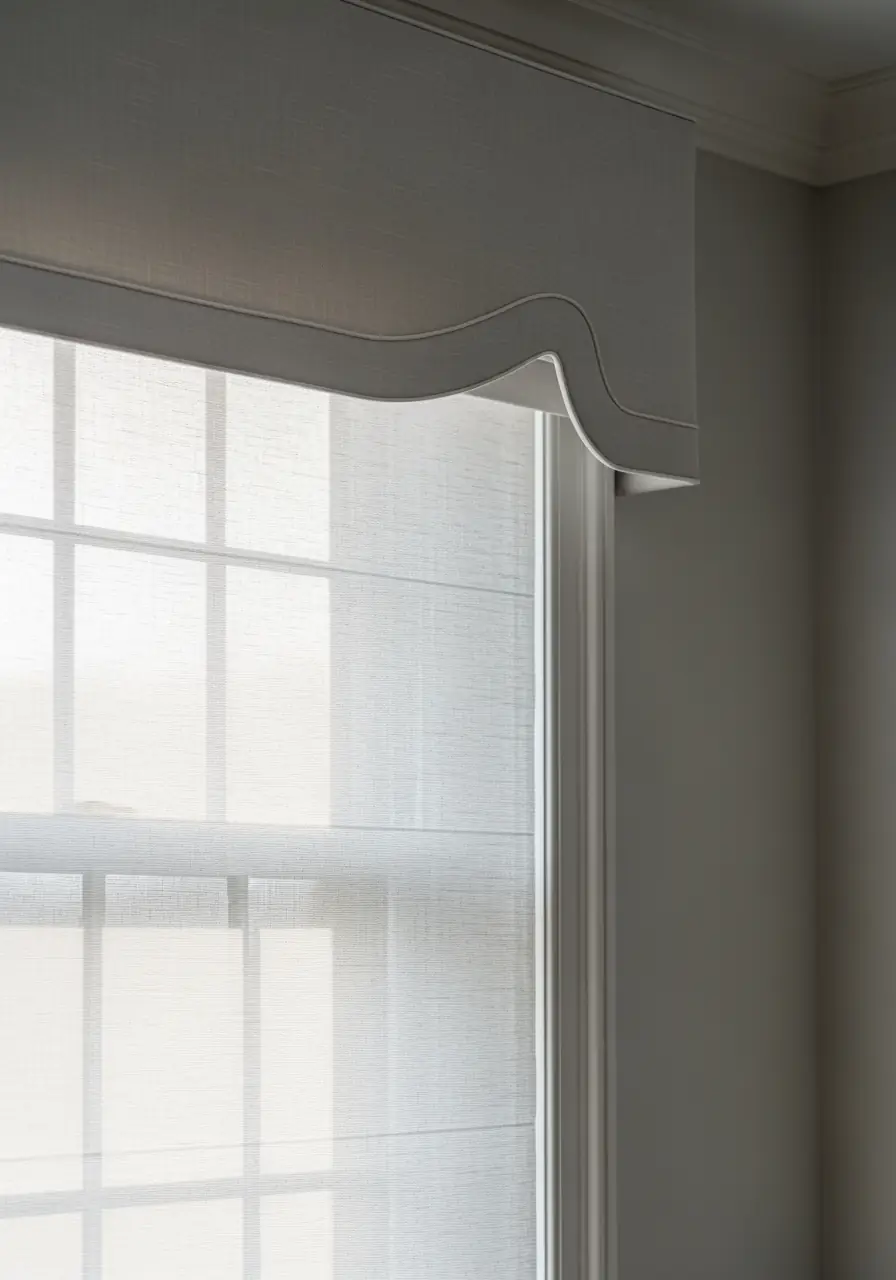 A close-up of a window treatment featuring a neutral-toned sheer Roman shade topped with a custom, tailored valence that has a smooth, modern curved shape, demonstrating the return of decorative trim and valences as architectural accents.