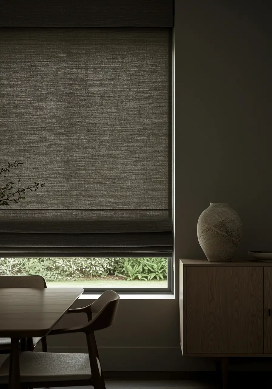 A modern dining area with a window featuring a dark, textured charcoal gray Roman shade that is partially rolled up. The shade provides privacy while the bottom section of the window reveals the greenery outside, balancing darkness and natural light.