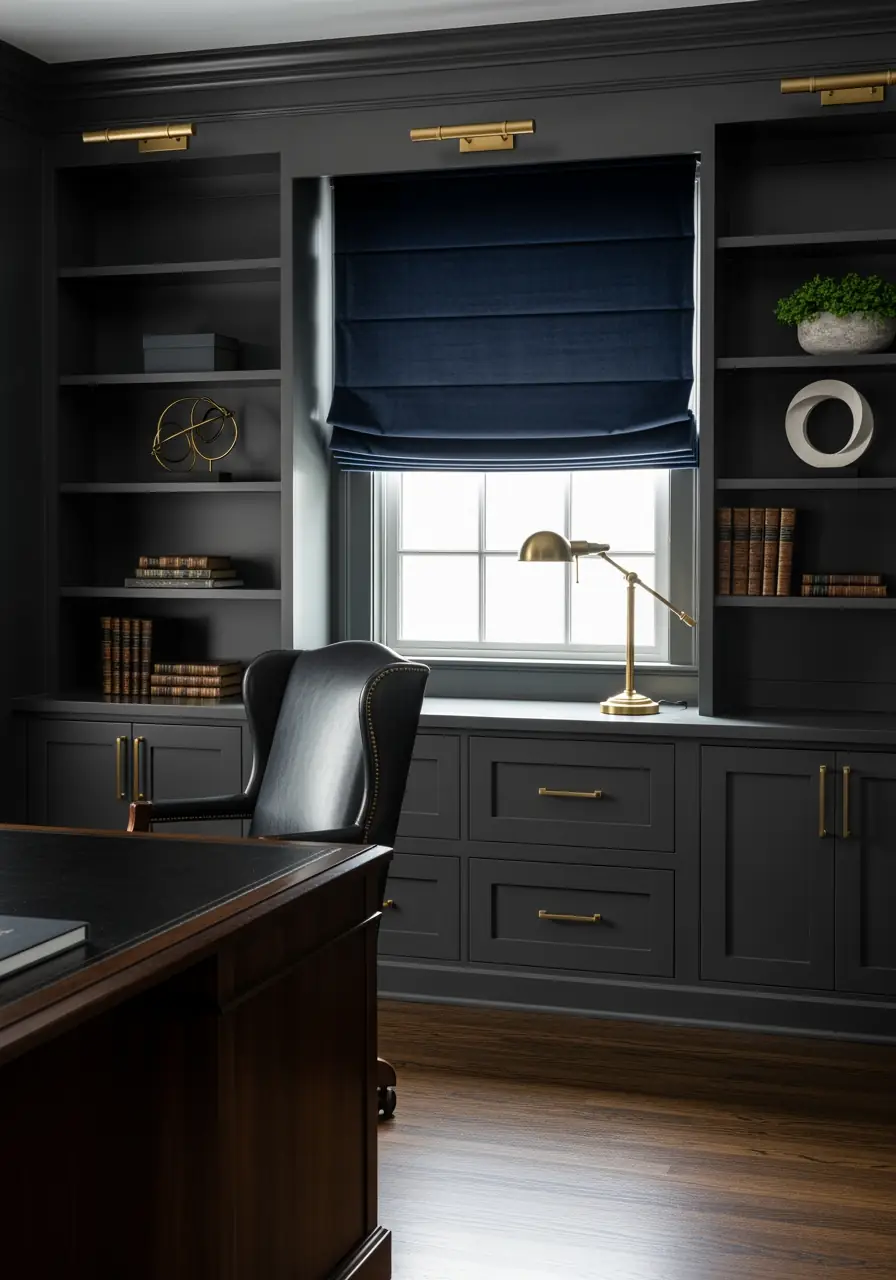 A sophisticated home office featuring dark charcoal built-in bookshelves and cabinetry. A rich, navy blue Roman shade provides a bold, tailored pop of color over the window, accented by brass picture lights and hardware, demonstrating high-end custom design.