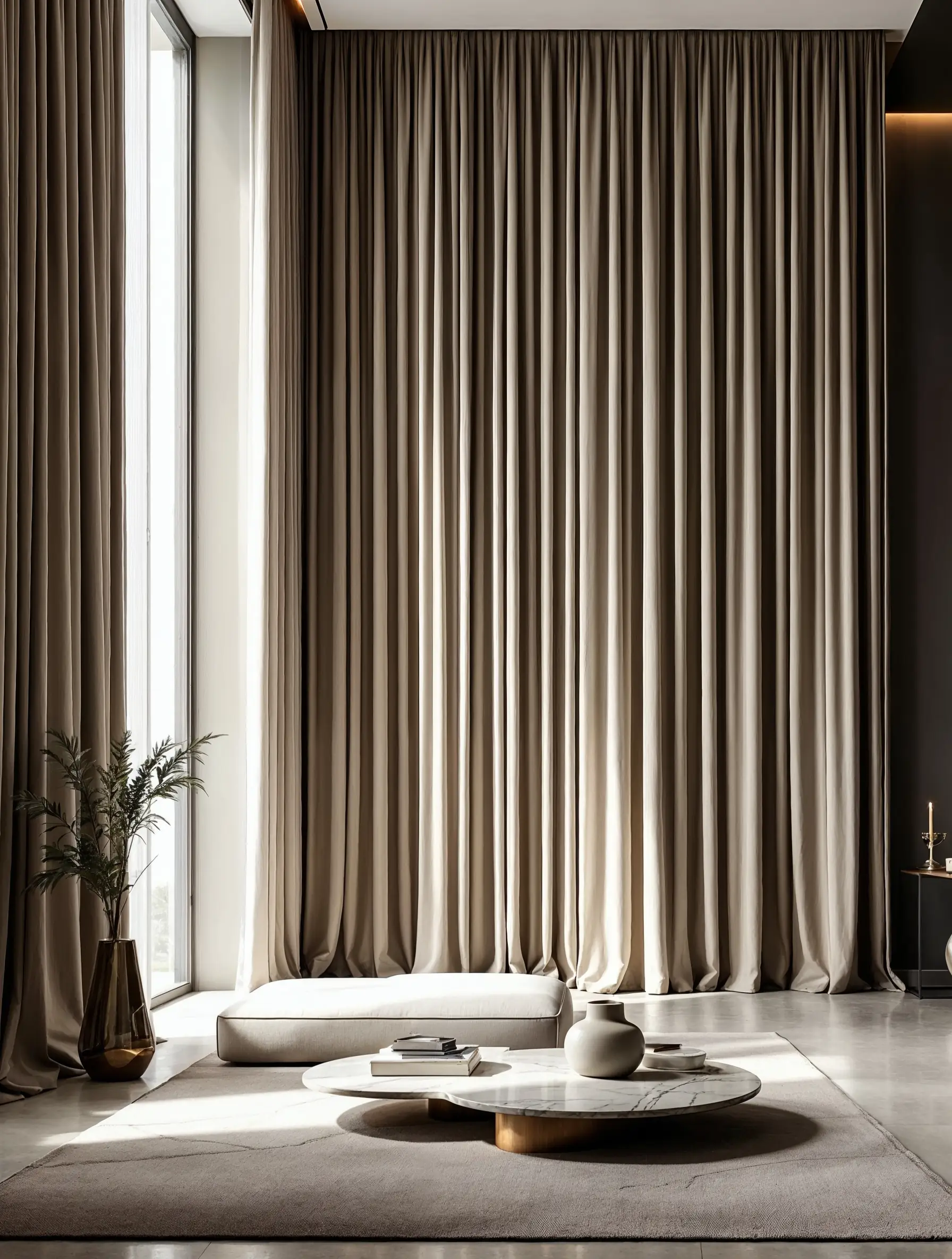 A minimalist, high-end living space where floor-to-ceiling drapery in a luxurious warm beige/taupe covers an entire wall, emphasizing the dramatic height and clean, tailored look that is achieved when curtains are mounted high and wide.
