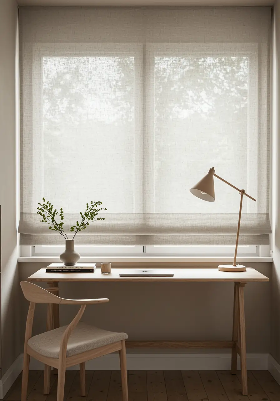 A minimalist home office featuring a wooden desk and a light, semi-sheer linen Roman shade covering the window. The warm neutral fabric diffuses natural light, creating a calm, focused, and intentional workspace.