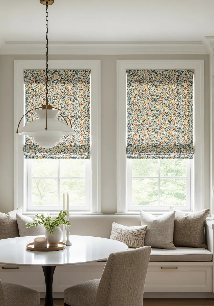 A bright kitchen banquette seating area centered around a round table. Two tall windows are dressed with custom Roman shades featuring a vibrant orange and blue floral pattern, illustrating how these shades can introduce texture and color into an otherwise neutral space.