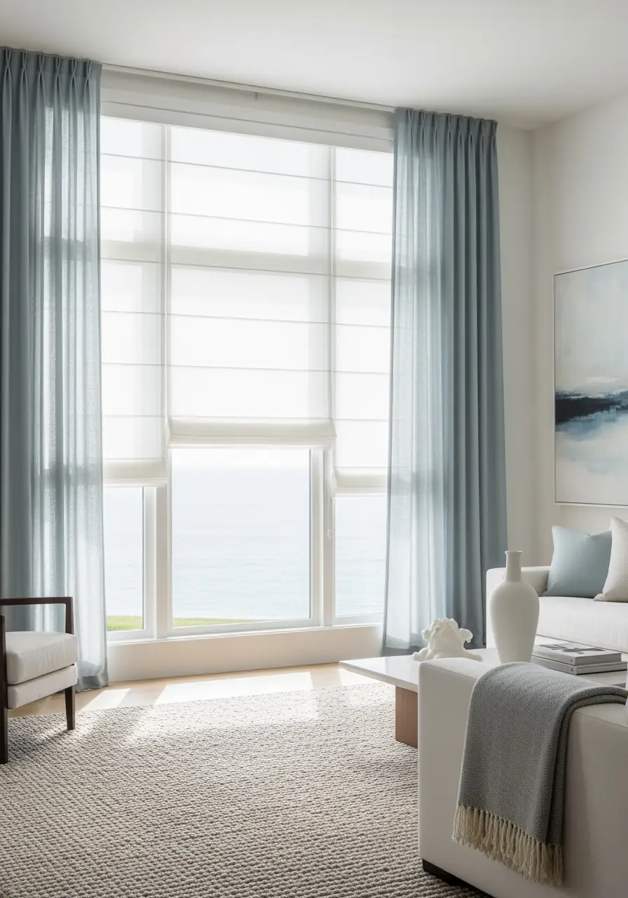 A modern living room with a large window overlooking the ocean. The window features layered treatments: a white, privacy-providing Roman shade on the inside, framed by sheer drapery panels in a calming dusty blue, achieving optimal light and temperature control.
