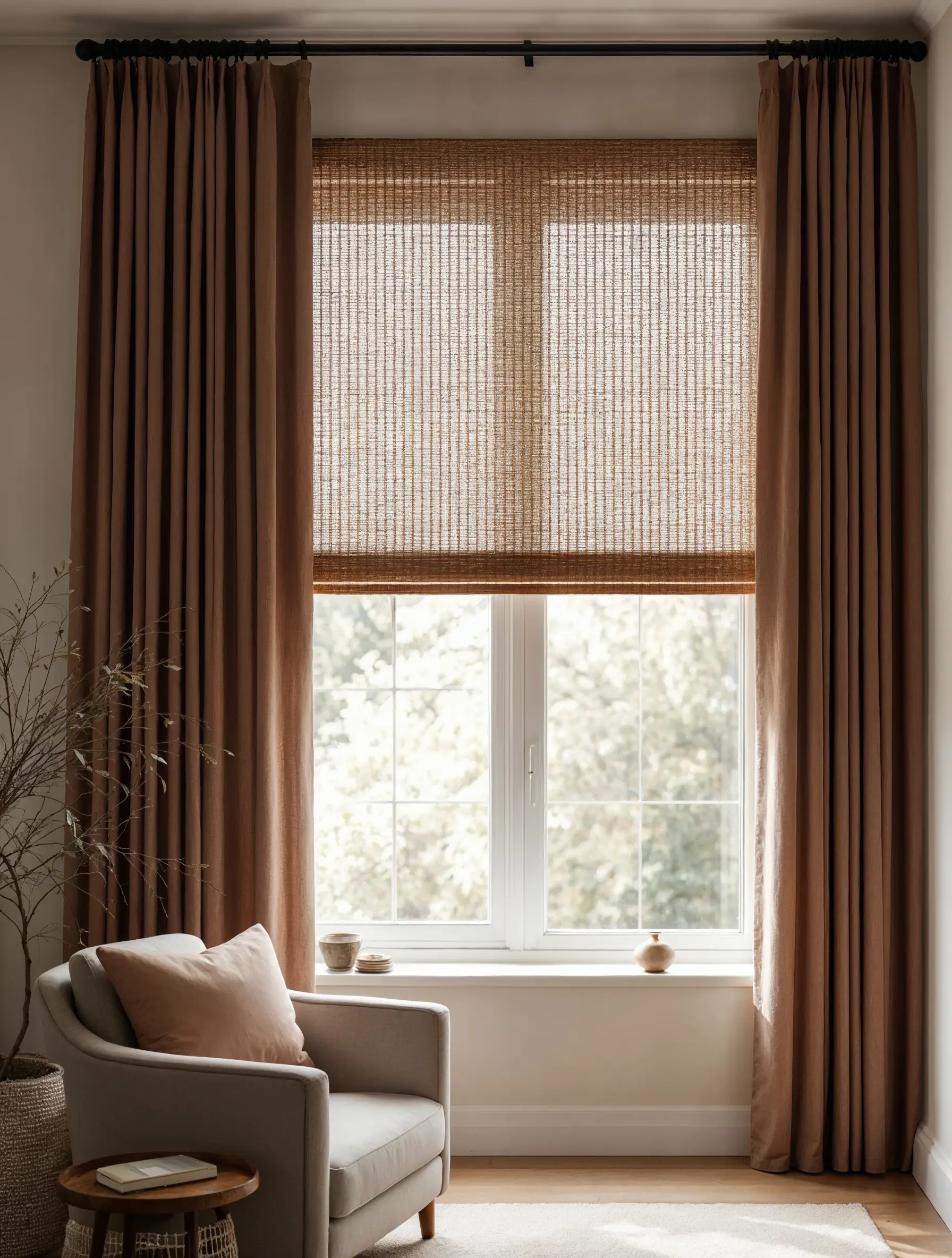 A cozy reading nook featuring an accent chair and layered window treatments: a textured woven wood shade beneath rich, floor-to-ceiling terracotta-colored drapery panels, mounted on a dark rod, perfectly embodying the warm earth trend.
