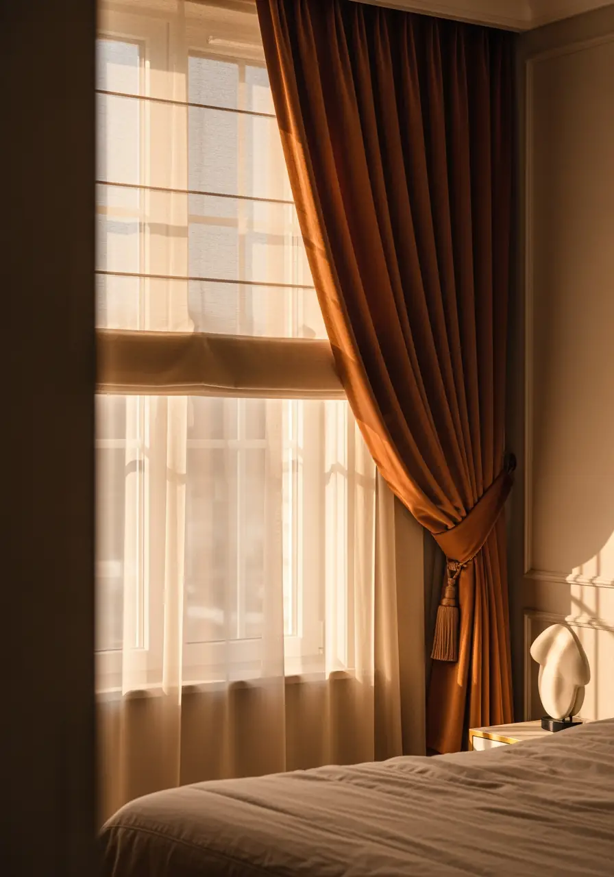 A close-up of layered window treatments: a sheer Roman shade diffusing sunlight, backed by a luxurious, warm terracotta/orange velvet drapery panel held back with a tassel tieback. The combination shows depth and the trend of using rich, velvety earth tones.