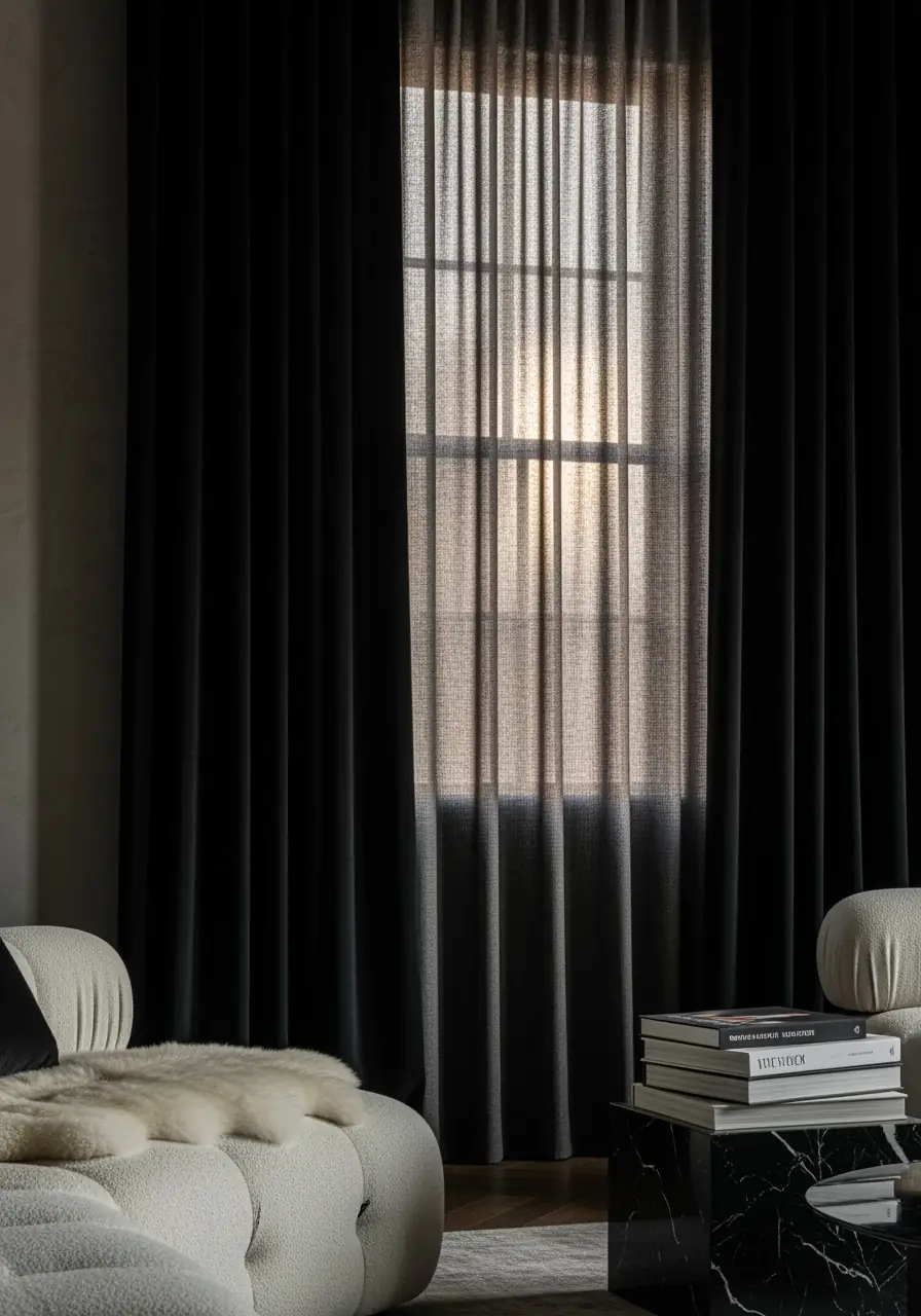 A luxurious living room corner showing the layering trend: a sheer, dark fabric curtain is mounted inside the window frame, backed by heavy, solid black blackout drapery panels on the sides, creating dramatic light control and contrast in a contemporary interior.