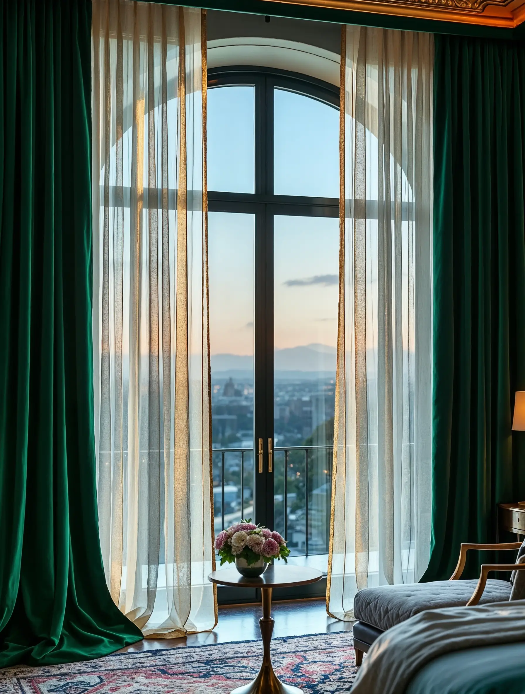 A dramatic, high-end interior featuring a tall, arched window with a stunning city view. The window is layered with sheer curtains with a gold edge and floor-puddling velvet blackout drapes in deep emerald green, showcasing maximum luxury and layered light control.