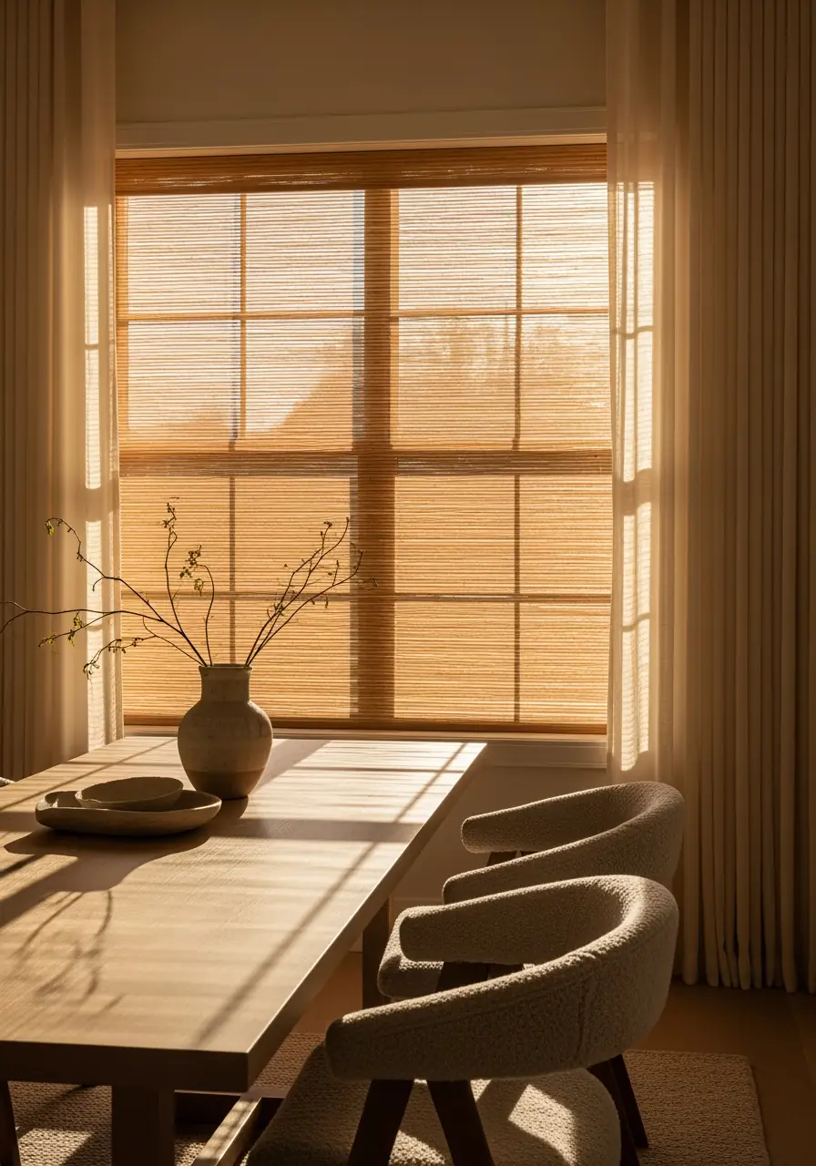 A warm, sunlit dining area with a window covered by a textured woven wood shade, framed by floor-length sheer curtains in a light neutral color. The layering softens the sunlight and highlights the texture of the materials.