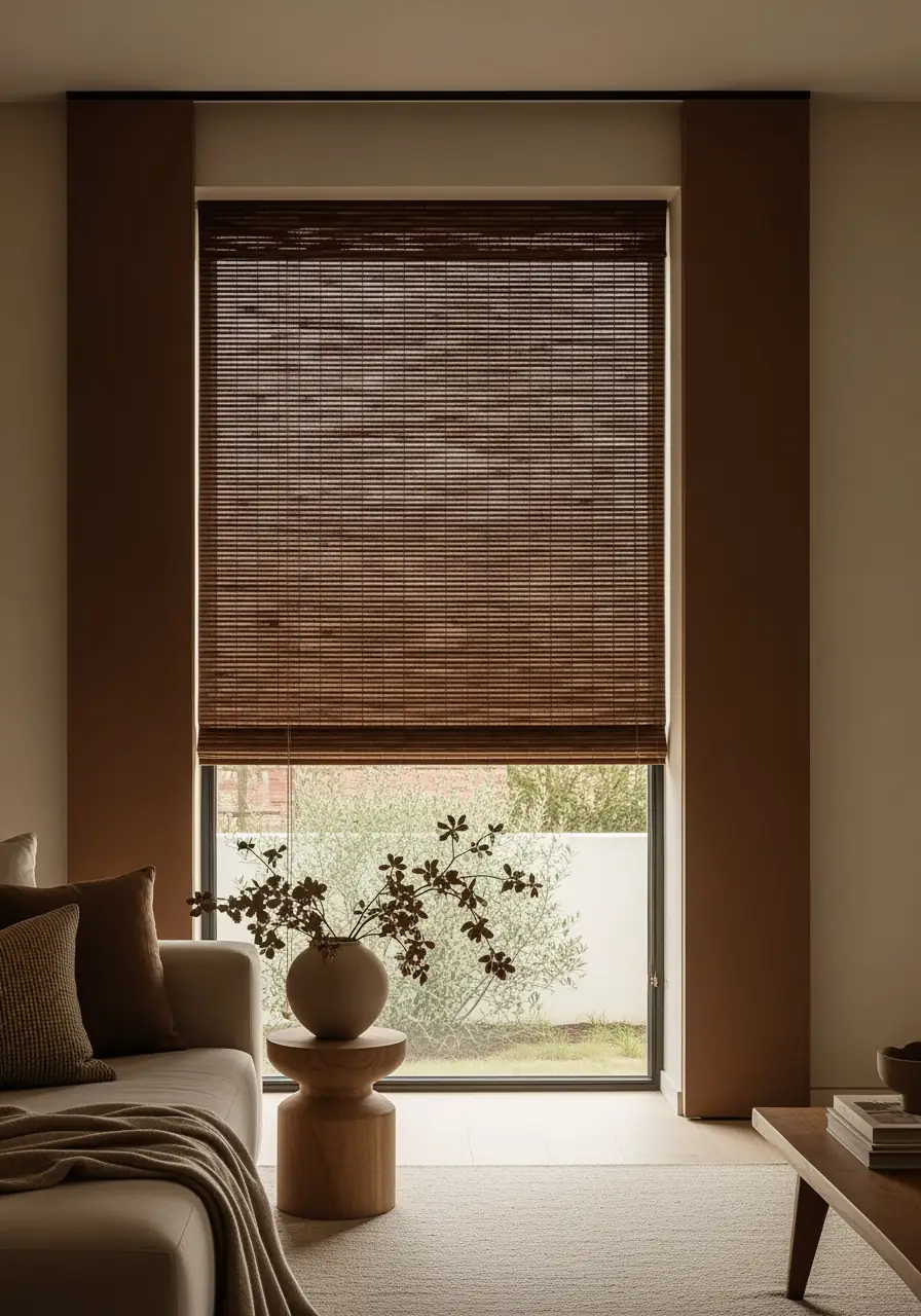A modern, minimalist living space featuring a floor-to-ceiling dark brown woven wood shade that is fully lowered. The dark color contrasts with the light walls and neutral sofa, grounded by earth-toned architectural panels on either side of the window for a striking look.