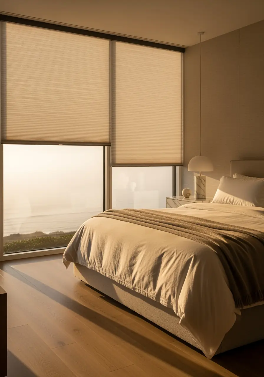 A modern bedroom featuring floor-to-ceiling windows overlooking the ocean. Light beige, energy-efficient motorized cellular shades are partially lowered from the top, providing light diffusion and privacy, showcasing seamless integration into the room's calm, minimal design.