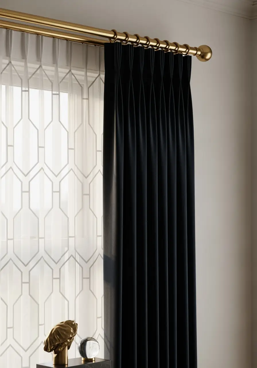 A close-up of luxurious layered window treatments: a sheer patterned curtain on the inner rod, covered by a deep navy velvet blackout curtain with a tailored pinch-pleat header on the outer rod, all held by visible, statement-making brass curtain hardware.