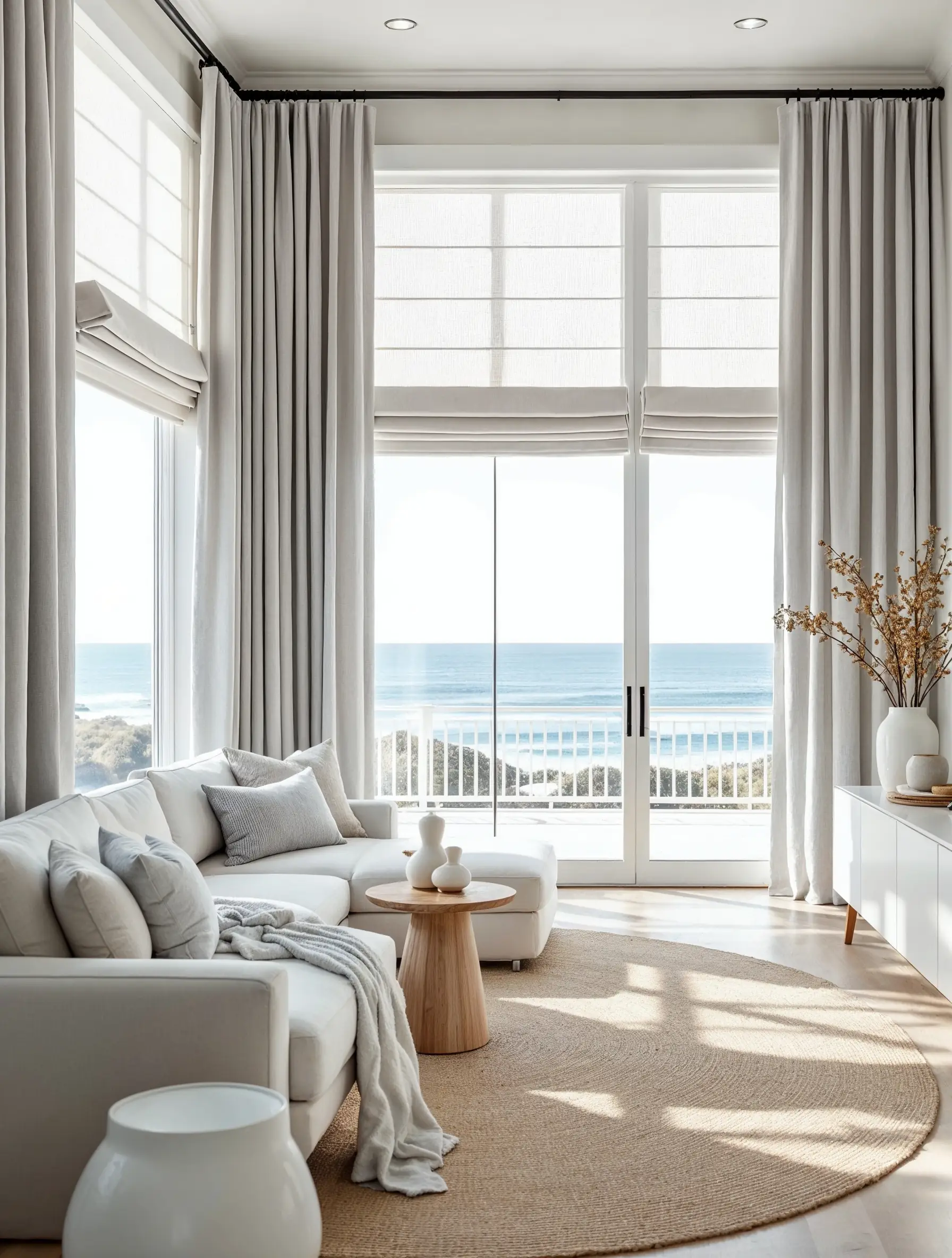 A bright, coastal living room with a stunning ocean view. Large windows are layered with light Roman shades mounted high, framed by tall, pleated drapery panels in a textured off-white, illustrating how layering works seamlessly even with minimal color palettes.