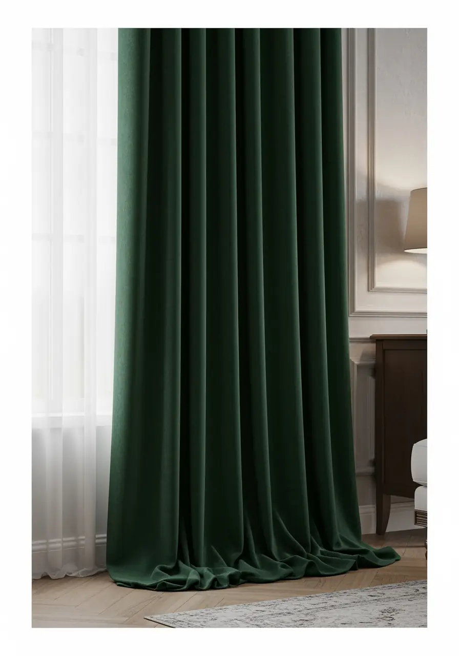 A classic interior featuring a full-length, floor-puddling velvet curtain in a deep forest green, paired with a sheer white panel. The rich color and heavy texture provide a sophisticated touch of wellness-inspired accent color and warmth.