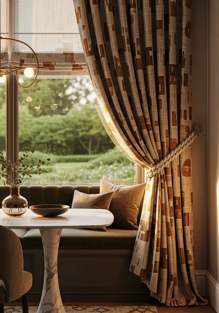 A luxurious dining nook with a dark velvet banquette and a patterned curtain in warm earth tones (brown, caramel) held back by a thick rope tieback. The window is complemented by a subtle Roman shade and a modern brass chandelier, highlighting rich texture and depth.