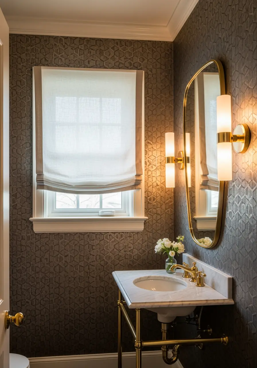 A chic powder room with patterned dark wallpaper and a gold-framed mirror. The window features a light, custom Roman shade with a tailored contrasting band along the bottom, adding a classic, bespoke detail to a small, functional space.
