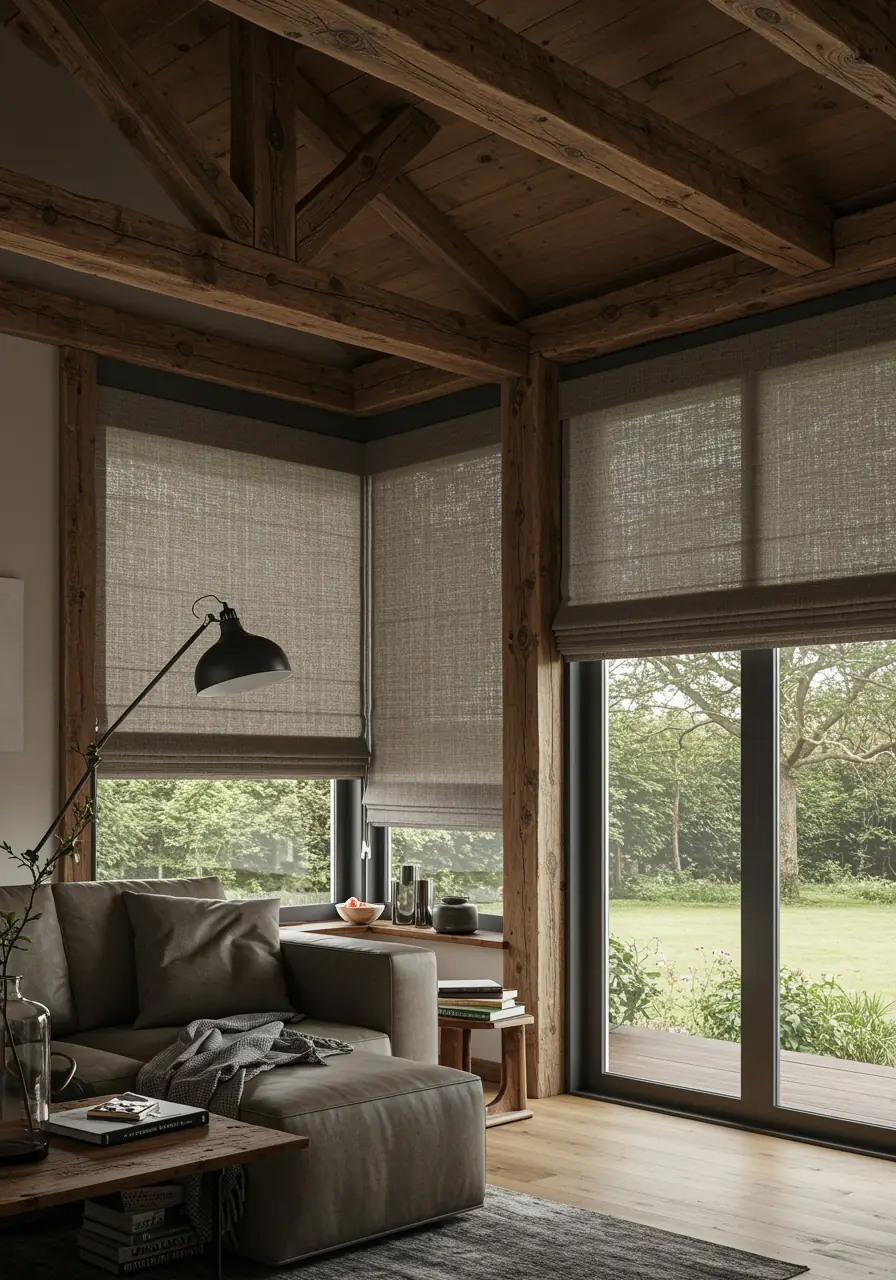 A cozy, rustic living room with exposed wooden beams and a comfortable sectional sofa. Two large windows are fitted with textured, earth-toned Roman shades, showcasing their functional and aesthetic appeal in a charming, traditional-style interior.