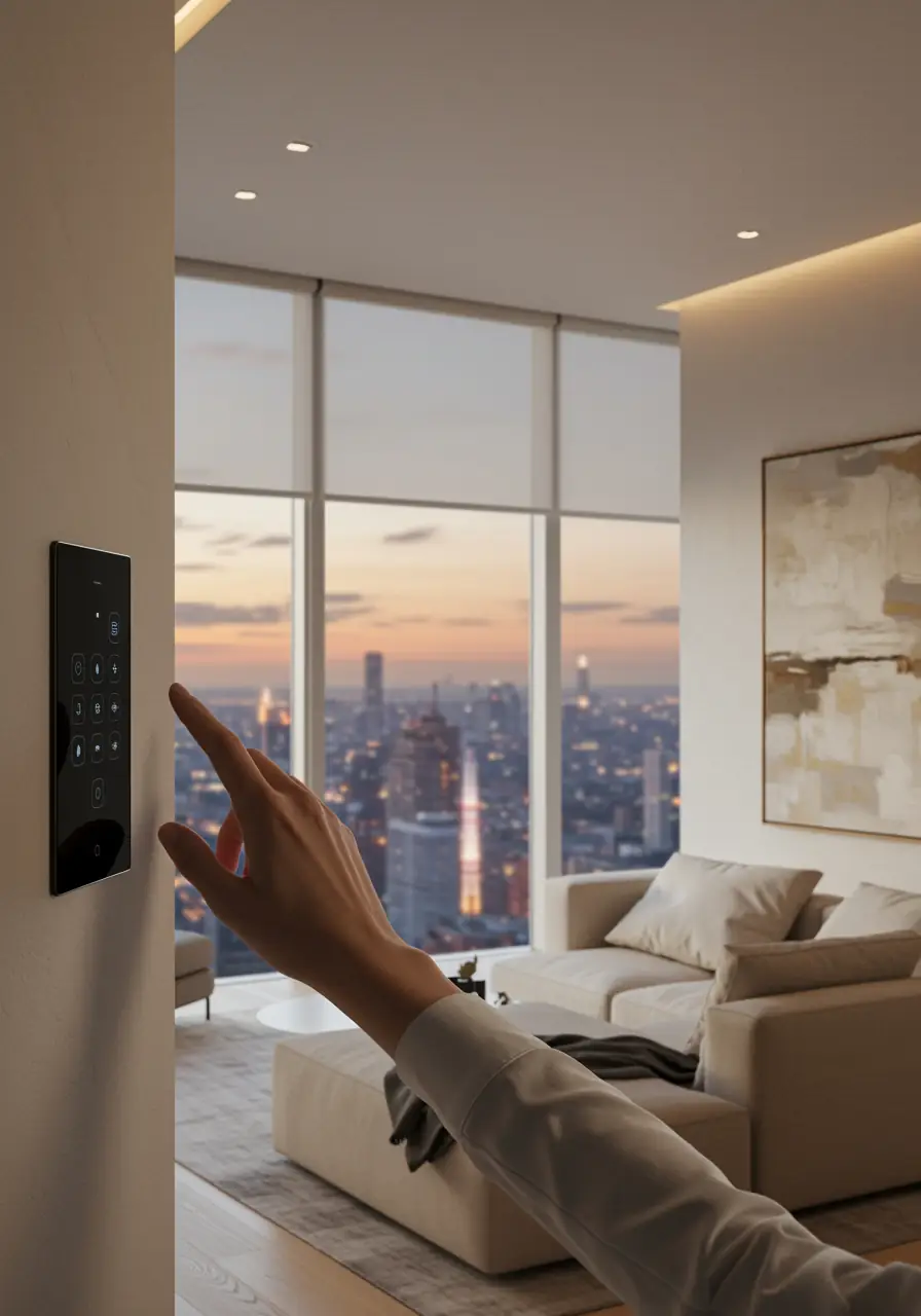 A close-up shot of a hand tapping a modern, black smart control panel on a wall, used to operate unseen motorized roller shades in a luxurious apartment living room with a panoramic sunset view of a city skyline. This highlights the convenience of smart home integration.