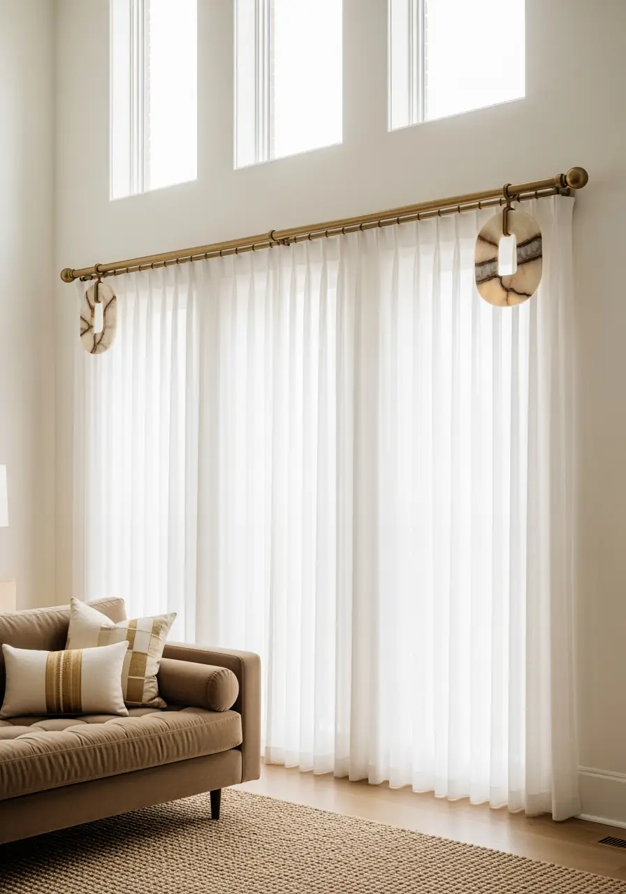 A living room featuring translucent sheer white curtains mounted on a thick, prominent brass rod with large, unique, sculptural finials made of stone or agate, illustrating the 2026 trend of using curtain hardware as decorative room jewelry.