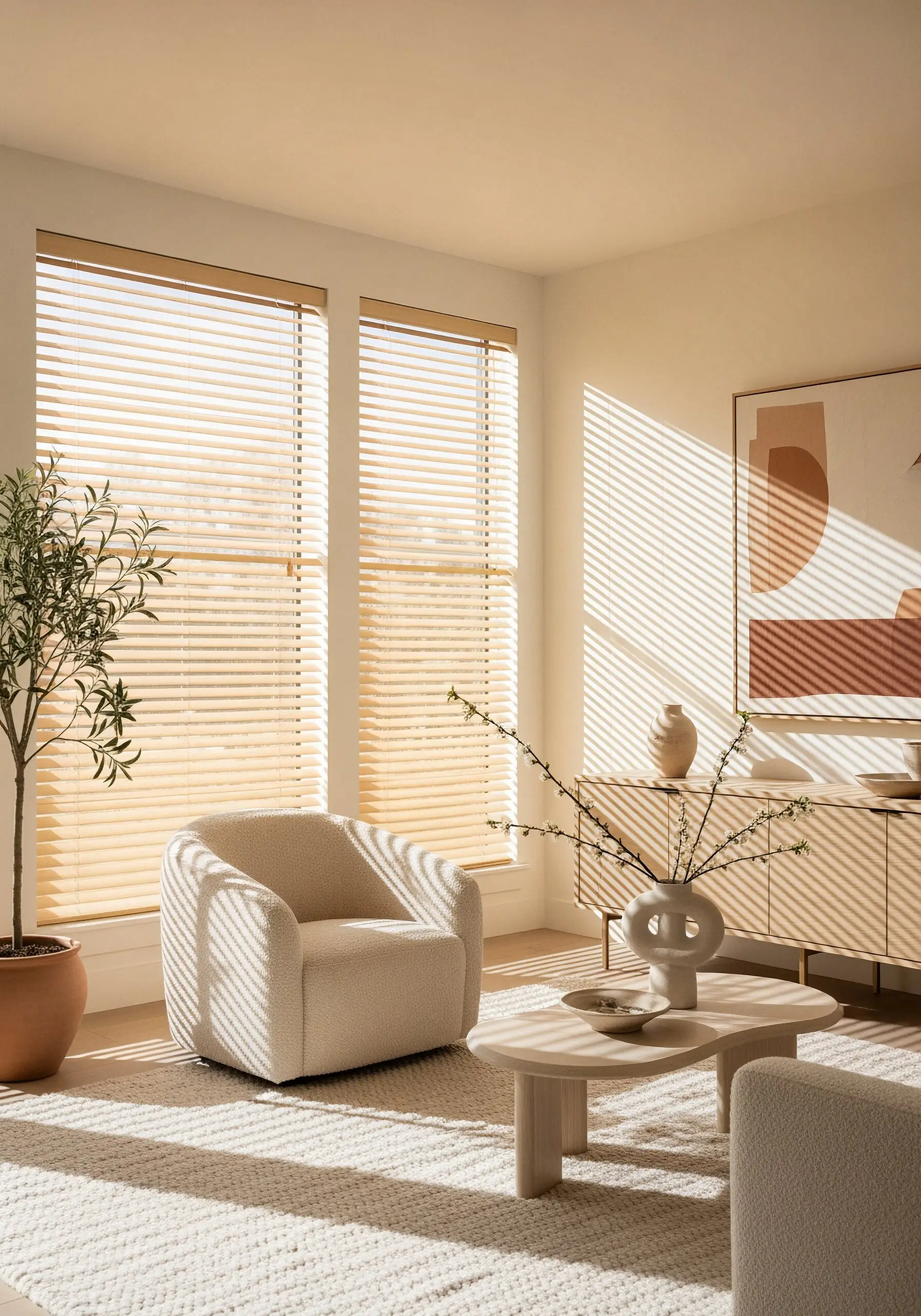 A brightly sunlit room with two large windows covered by natural wood slat blinds, casting striking stripe patterns across the light-colored walls and furniture. The room features a textured bouclé armchair and a light wood sideboard, emphasizing natural light and texture.