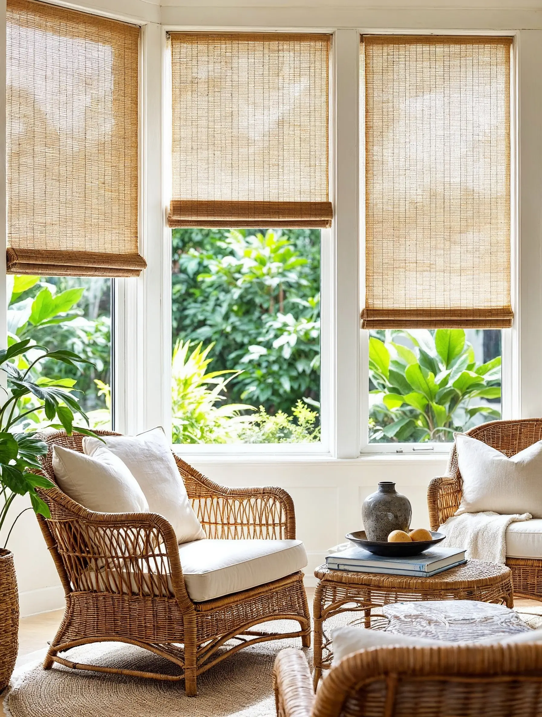 A bright sunroom or conservatory with white framed windows adorned with natural, light-colored rattan or woven wood shades. The room is furnished with comfortable wicker armchairs, complementing the organic, warm neutral aesthetic and outdoor connection.