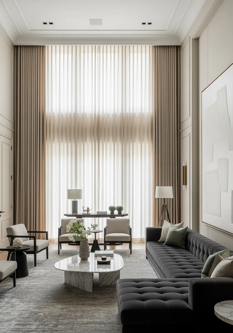 A dramatic, double-height living room featuring an immense window wall covered by layered curtains: sheer panels centrally positioned, flanked by full-height blackout drapes in a neutral tone, creating a luxurious and intentional focus on height and layered texture.