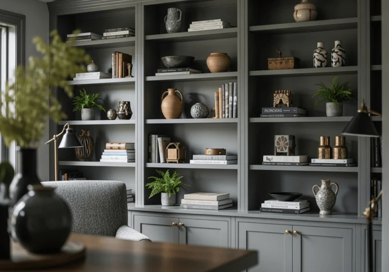 A floor-to-ceiling wall of built-in bookshelves painted in a rich, dark gray-green, similar to Sherwin Williams Night Owl. The shelves are thoughtfully styled with a variety of books, ceramic pots, decorative objects, and small green plants, creating a sophisticated and organized look.