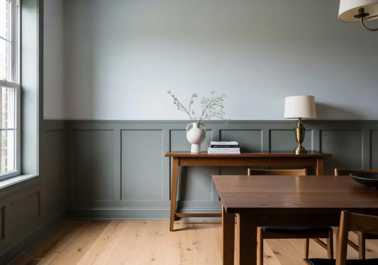 A stylish dining area featuring walls with wainscoting painted in a deep, grounding shade resembling Sherwin Williams Night Owl, topped with lighter walls above. A wooden console table stands against the wainscoting, adorned with a white vase holding greenery, stacked books, and a brass lamp. A wooden dining table and chairs are partially visible to the right.