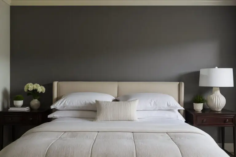 A serene bedroom with walls painted in Sherwin-Williams Night Owl (SW 7061), featuring a beige upholstered headboard, white linens, and dark wood nightstands with elegant lamps