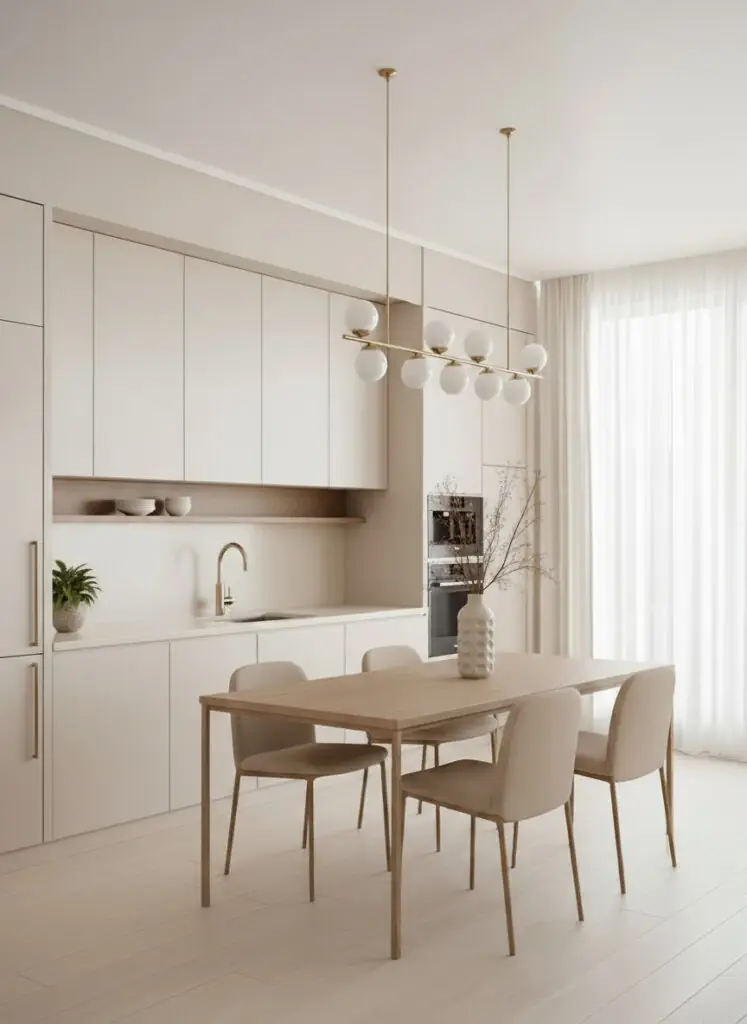 Tende velate avorio dal pavimento al soffitto in uno spazio cucina-sala da pranzo minimalista.