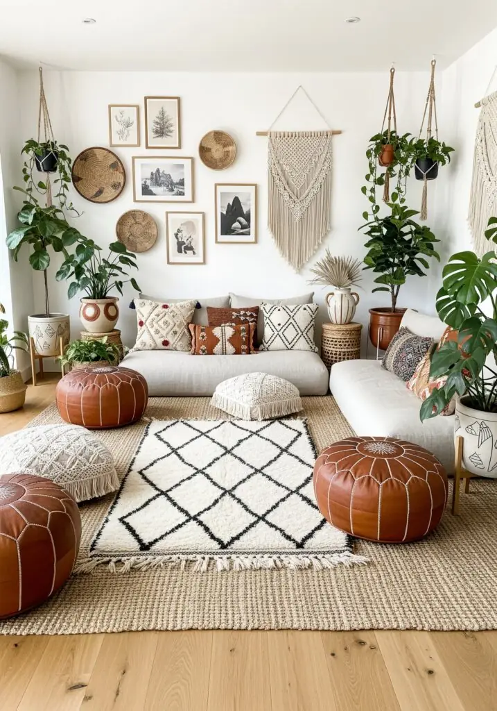 Salon bohème chic lumineux et harmonieux avec planchers de chêne clair, grand tapis ras neutre (ton jute naturel) superposé d'un tapis plus petit en laine de style Beni Ourain crème avec motif losanges noirs. Canapés en lin naturel bas, poufs en cuir et plantes en pot.