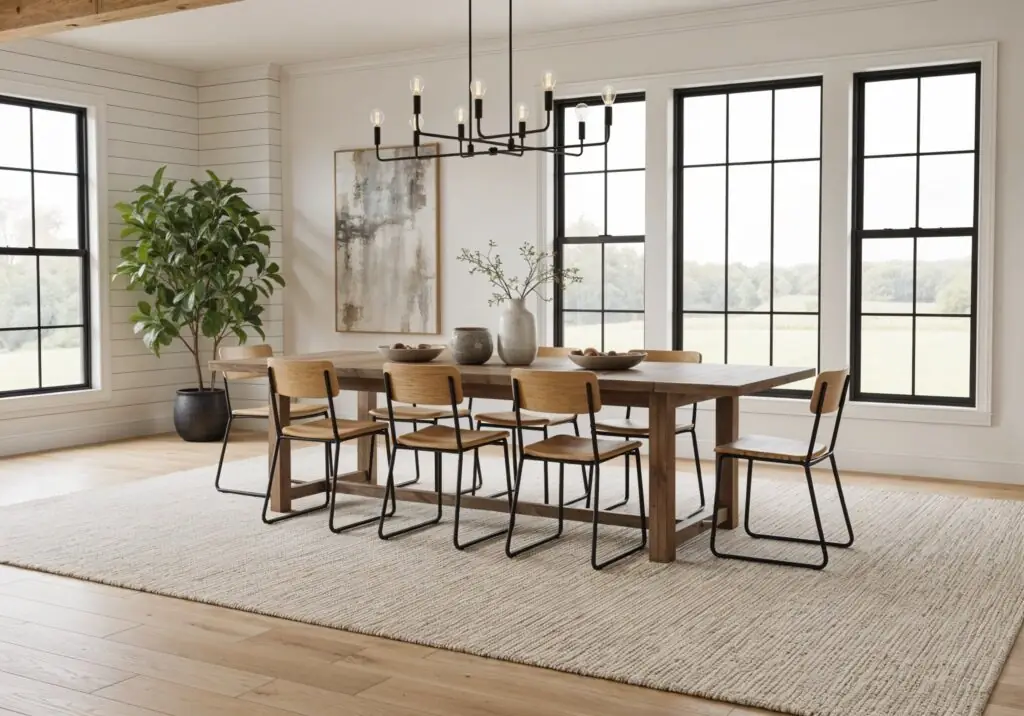 Salle à manger ensoleillée avec longue table en bois, huit chaises à pieds en métal noir, grand tapis beige en laine non teinte sous la table, plancher en bois clair, grandes fenêtres noires avec vue sur la campagne, Ficus lyrata en pot et lustre noir multi-ampoules.