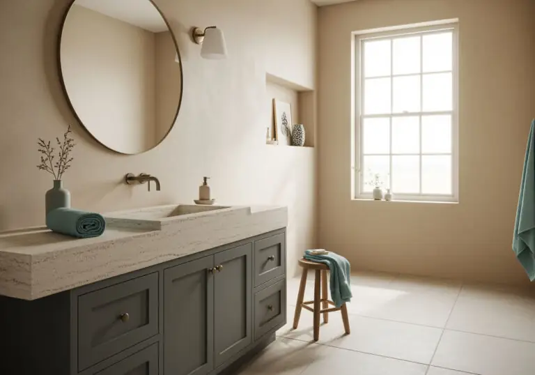 A bright, airy coastal-inspired bathroom with sandy beige walls and tiles, a Night Owl painted vanity with a concrete-style countertop, a round gold mirror, and subtle seafoam blue accents.